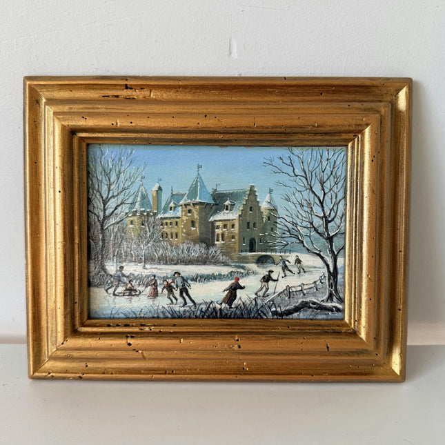 Striking Oil Painting Winter Landscape "Winter Playtime" Authentic Small Art