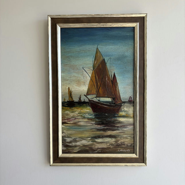 Detailed Seascape Oil Painting "Sailboat Fleet" Rustic Artwork Holland Art Shop