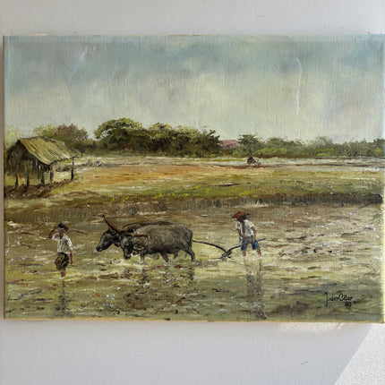 Refined Farm Oil Painting "Water Buffalo" Vintage Small Art Holland Art Shop