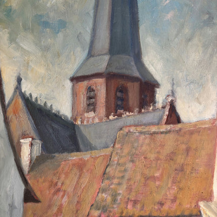 Original Cityscape Oil Painting "Village Church" Vintage Large Art Holland Art Shop