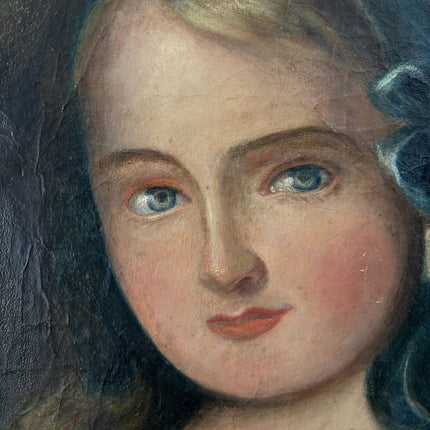 1885 Antique Portrait Oil Painting "Blue Ribbon Girl" Artwork Holland Art Shop