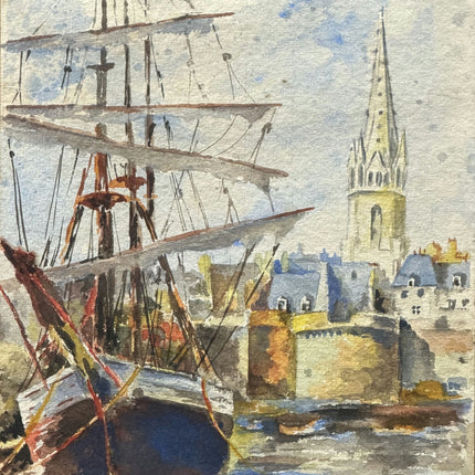 1945 Harbor Scene Aquarel "Church Spire" Small Art Holland Art Shop