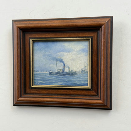 Detailed Seascape Oil Painting "Smoking Tugboat" Original Small Art Holland Art Shop