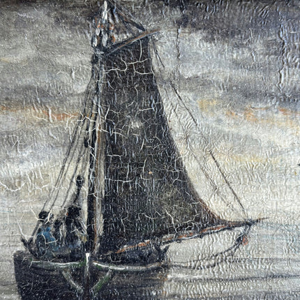 19th Century Antique Seascape Oil Painting "Gilded Frame" Belgique Artwork Holland Art Shop