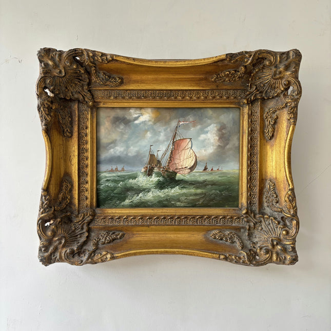 Original Seascape Oil Painting "Sailing Ship" Handcrafted Small Art Holland Art Shop