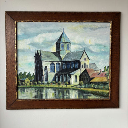 Ca. 1910 Cityscape Oil Painting "Riverside Church" Elegant Artwork Holland Art Shop