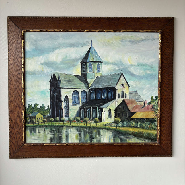 Ca. 1910 Cityscape Oil Painting "Riverside Church" Elegant Artwork Holland Art Shop