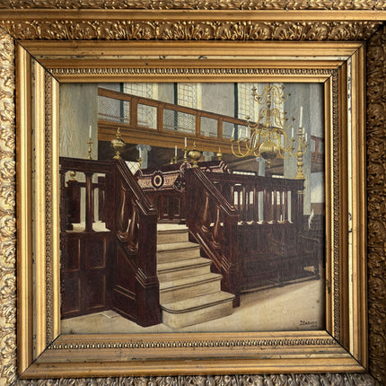1918 Antique Church Interior Oil Painting "Gilded Frame" Dutch Art Holland Art Shop
