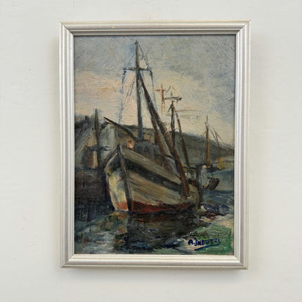 Original Harbor Scene Oil Painting "Fishing Boat" Detailed Small Artwork Holland Art Shop
