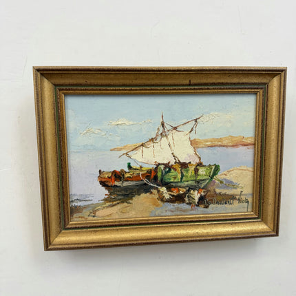 Rustic Seascape Oil Painting "Small Boat" Handcrafted Small Art Holland Art Shop