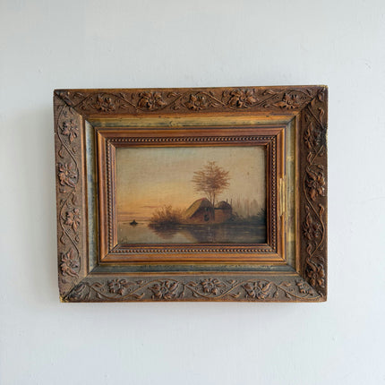 Antique Landscape Oil Painting "Ornate Frame" Rustic Small Artwork Holland Art Shop