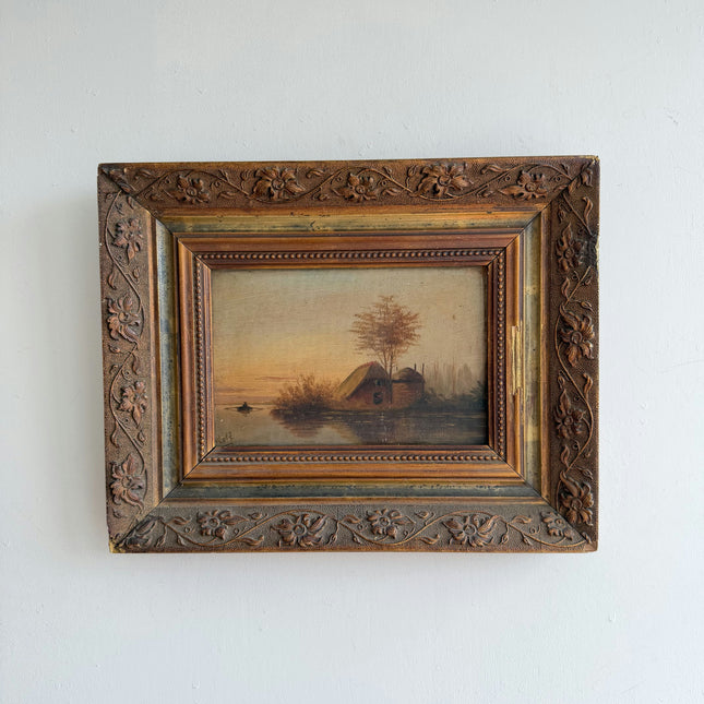 Antique Landscape Oil Painting "Ornate Frame" Rustic Small Artwork Holland Art Shop