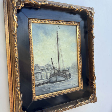 Timeless Harbor Scene Oil Painting "Moored Ship" Handcrafted Small Artwork Holland Art Shop