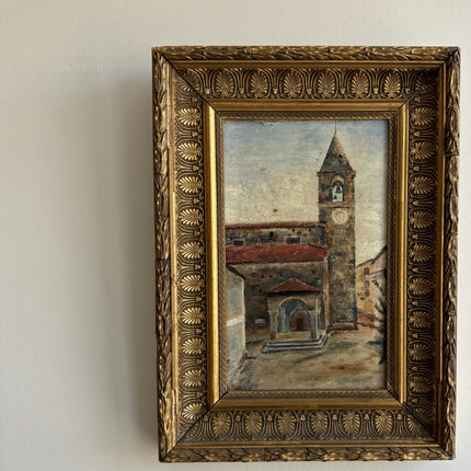 1896 Antique Cityscape Oil Painting "Bell Tower" Small Artwork Holland Art Shop