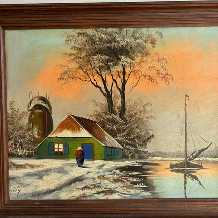 Classic Winter Landscape Oil Painting "Green Boat" Traditional Artwork Holland Art Shop