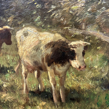 Elegant Animals Oil Painting "Grazing Cows" Vintage Dutch Artwork Holland Art Shop
