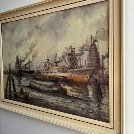 Original Harbor Scene Oil Painting "Harbor Ships" Expressive Large Artwork Holland Art Shop