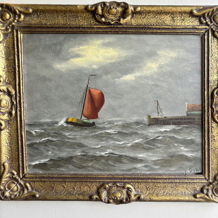 Refined Seascape Oil Painting "Red Sailboat" Vintage Small Art Holland Art Shop