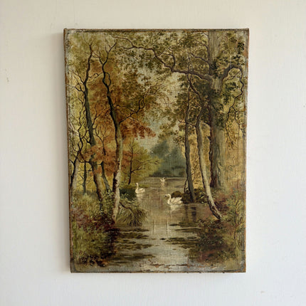 Antique Landscape Oil Painting "Swan Pair" Timeless Small Art Holland Art Shop