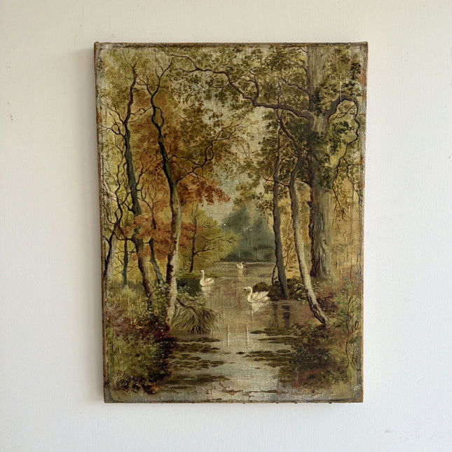 Antique Landscape Oil Painting "Swan Pair" Timeless Small Art Holland Art Shop