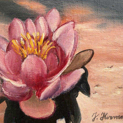Timeless Floral Still Life Oil Painting "Pink Lotus" Original Small Art Holland Art Shop