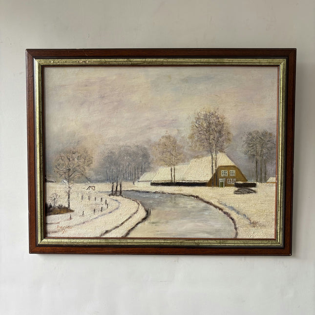 Handcrafted Winter Landscape Oil Painting "Snowy Cottage" Rustic Art Holland Art Shop