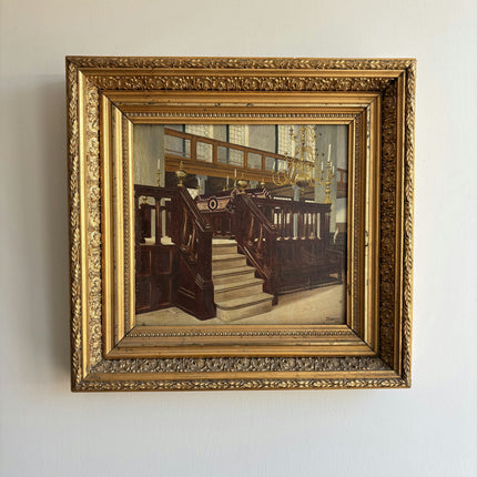 1918 Antique Church Interior Oil Painting "Gilded Frame" Dutch Art Holland Art Shop