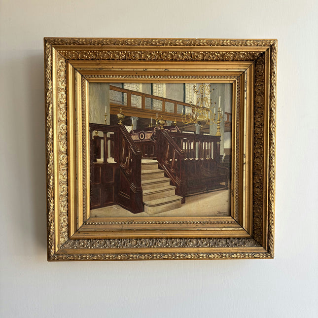 1918 Antique Church Interior Oil Painting "Gilded Frame" Dutch Art Holland Art Shop