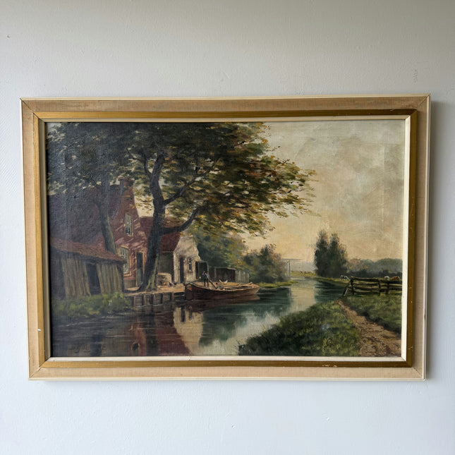 Detailed Scenery Oil Painting "Riverside Boat" Traditional Artwork Holland Art Shop