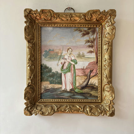 Antique Portrait Egg Tempera "Standing Woman" Original Small Artwork Holland Art Shop