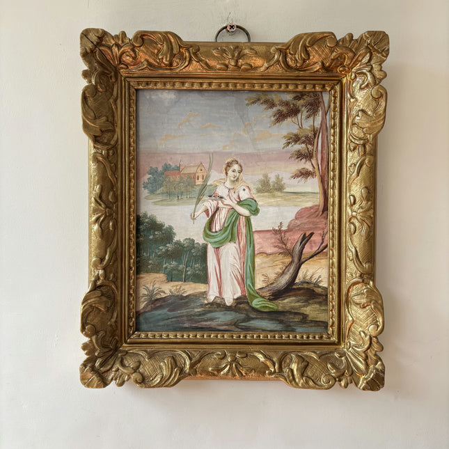 Antique Portrait Egg Tempera "Standing Woman" Original Small Artwork Holland Art Shop