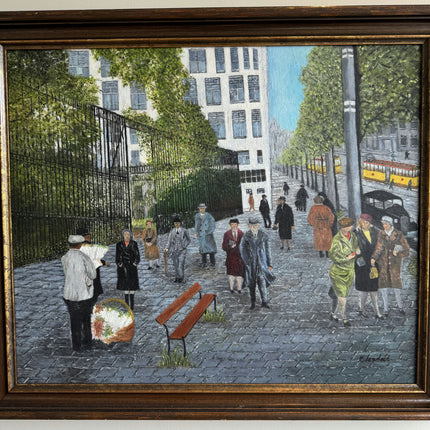 Rustic Cityscape Oil Painting "City Pedestrians" Handcrafted Art Holland Art Shop