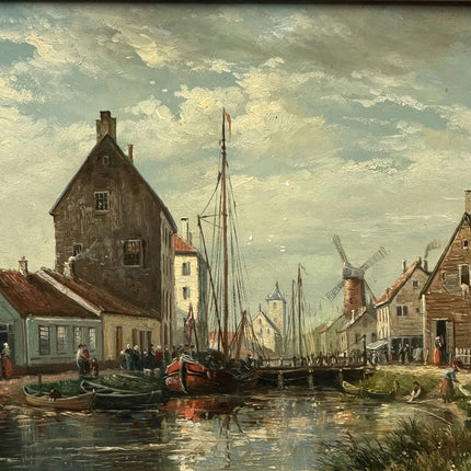 Original Harbor Scene Oil Painting "Harbor Village" Refined Small Art Holland Art Shop