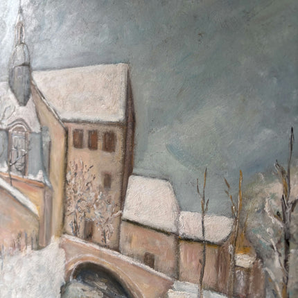 Vintage Winter Landscape Oil Painting "Snowy Bridge" Authentic French Artwork Holland Art Shop