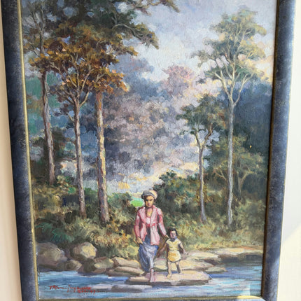 Vintage Figurative Oil Painting "Mother Walking" Rustic Large Artwork Holland Art Shop