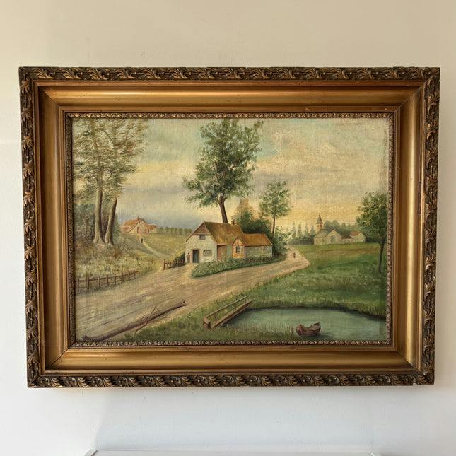 19th Century Antique Landscape Oil Painting "Thatched Cottage" Large Art Holland Art Shop