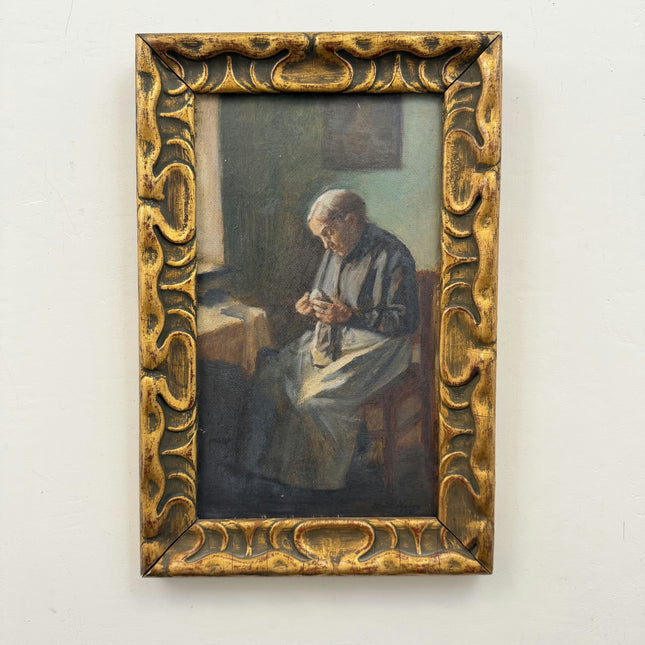 Rustic Portrait Oil Painting "Seated Woman" Vintage Small Artwork Holland Art Shop