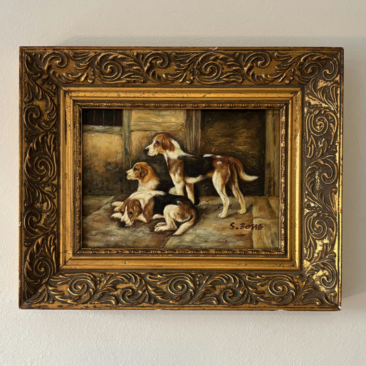 19th Century Animals Oil Painting "Beagle Trio" Small Art