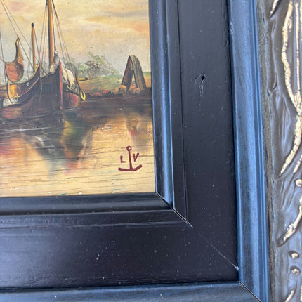 19th Century Antique Harbor Scene Oil Painting "Moored Boat" Small Artwork Holland Art Shop