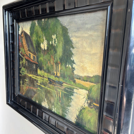1942 Landscape Oil Painting "Riverside House" Artwork Holland Art Shop