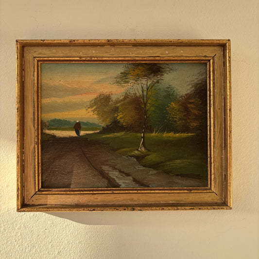Original Landscape Oil Painting "Walking Figure" Intriguing Small Art