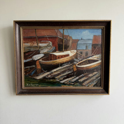 Expressive Harbor Scene Oil Painting "Rowboats Dock" Refined Artwork Holland Art Shop