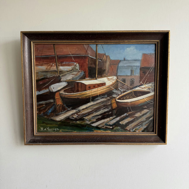 Expressive Harbor Scene Oil Painting "Rowboats Dock" Refined Artwork Holland Art Shop
