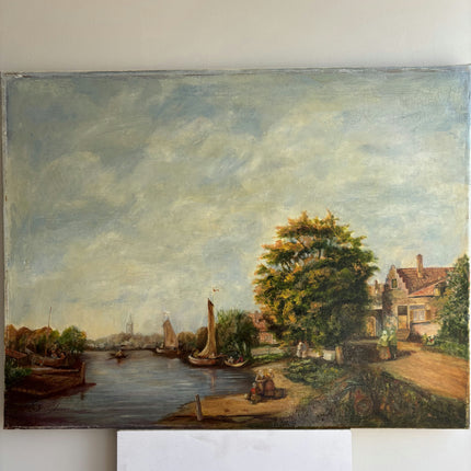 Expressive Harbor Scene Oil Painting "Riverside Village" Elegant Art Holland Art Shop