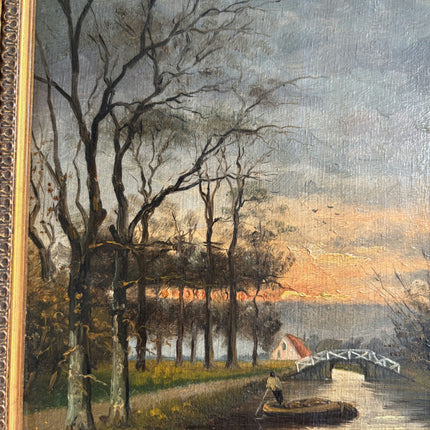 19th Century Antique Landscape Oil Painting "River Boat" Dutch Artwork Holland Art Shop