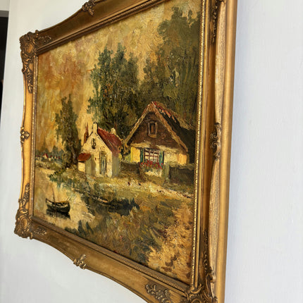 Refined Landscape Oil Painting "Rowboat Alone" Vintage Dutch  Artwork Holland Art Shop