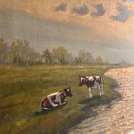 Elegant Landscape Oil Painting "Grazing Cow" Vintage Large Art Holland Art Shop
