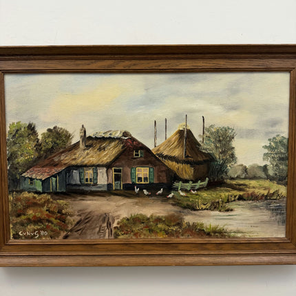 Vintage Farm Oil Painting "Thatched Cottage" Rustic Art Holland Art Shop