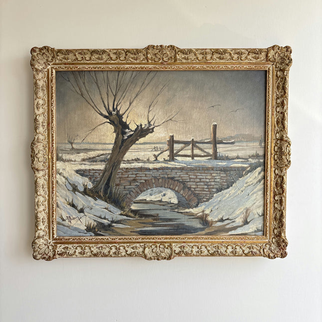 Original Winter Landscape Oil Painting "Snowy Bridge" Rustic Artwork Holland Art Shop
