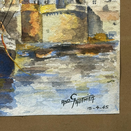 1945 Harbor Scene Aquarel "Church Spire" Small Art Holland Art Shop